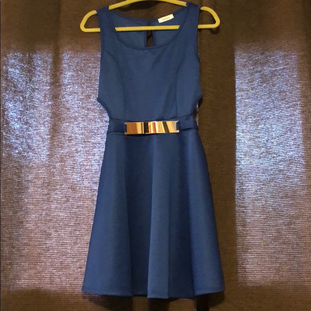 Blue Belted Party Dress With Side Cut Out